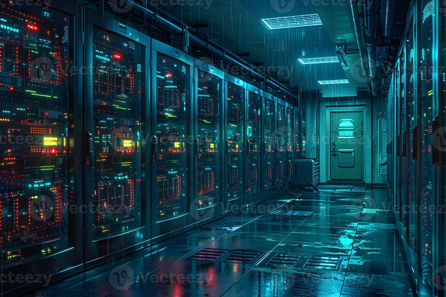 Futuristic Data Center Secure Server Room with Advanced Technology and Neon Lights photo