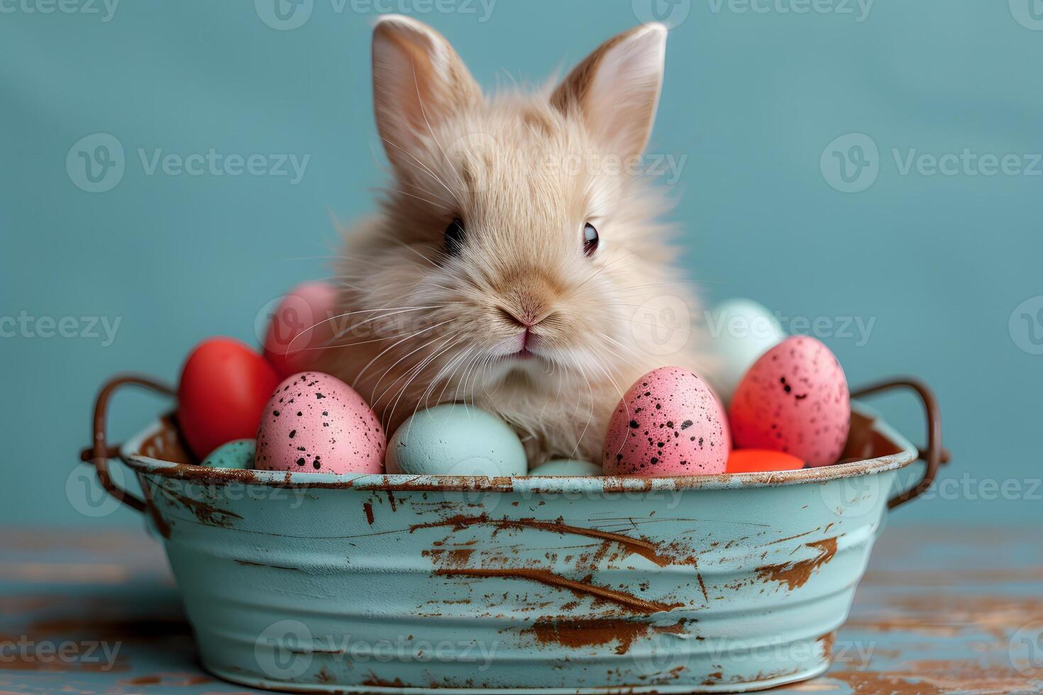 Adorable Bunny in Rustic Basket with Colorful Easter Eggs - Perfect for Easter Celebrations photo