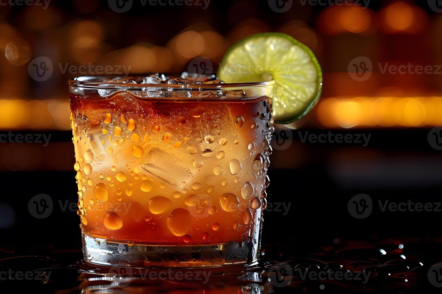 Refreshing Cocktail with Lime Garnish on a Dimly Lit Bar Counter photo