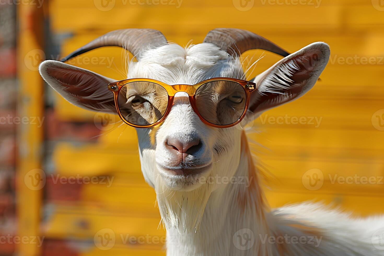 Stylish Goat Wearing Sunglasses Against a Vibrant Yellow Background photo