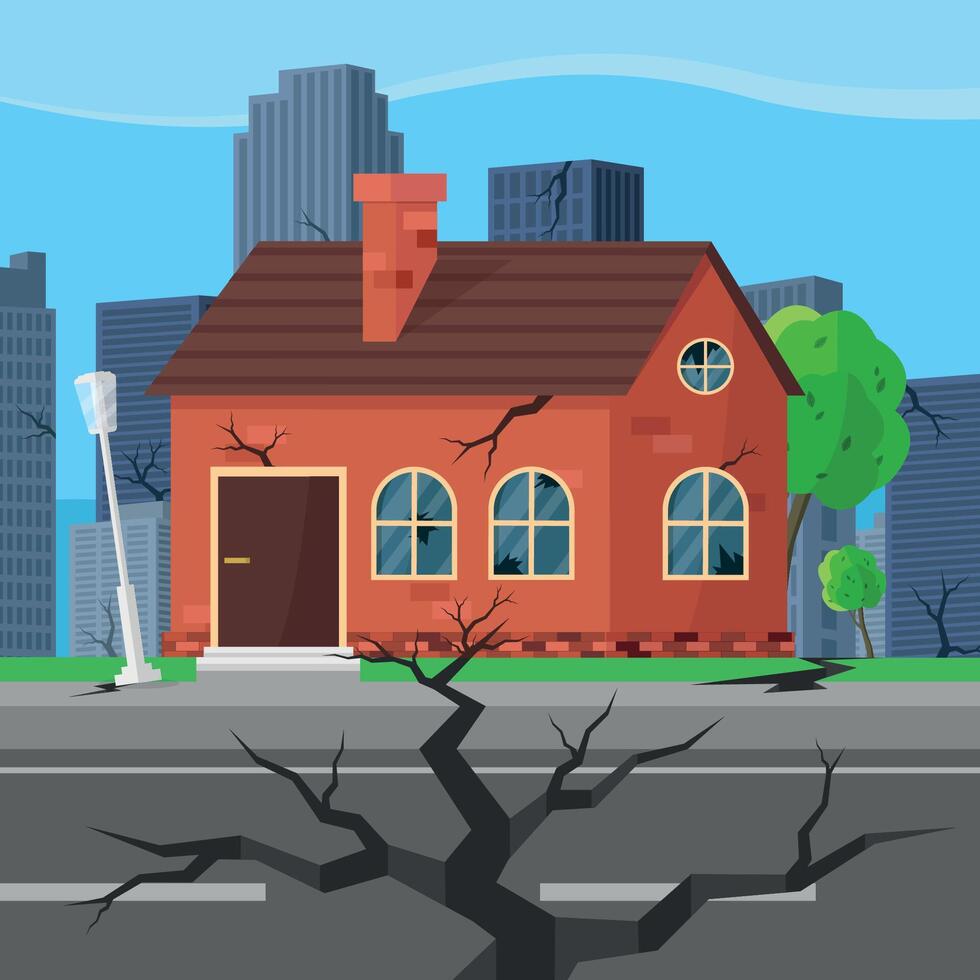 Earthquake. A destroyed house on a street with cracked asphalt and earth. An emergency. vector
