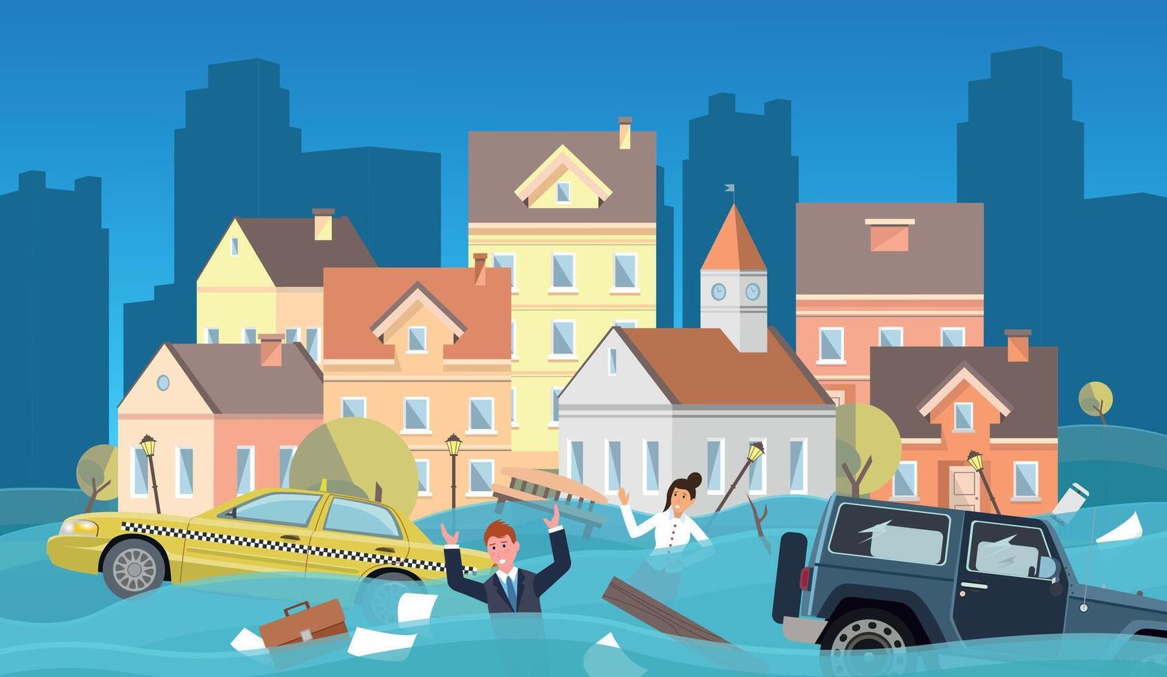 Flooded city with people, cars and other objects. Emergency situation. Climate change, heavy rain. vector
