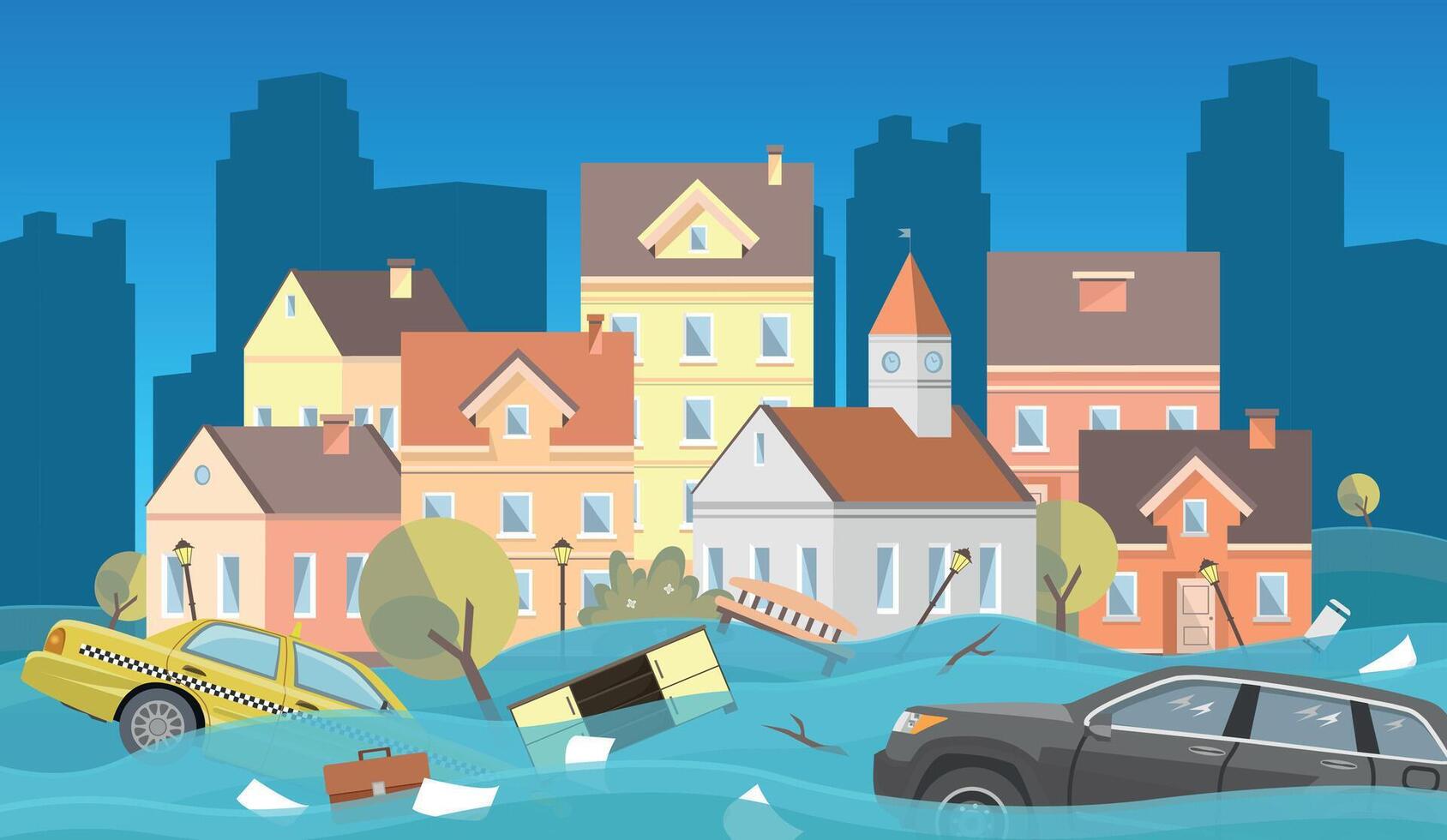 Flooding in the city. Water carries away cars, furniture and other objects. Natural disaster. vector