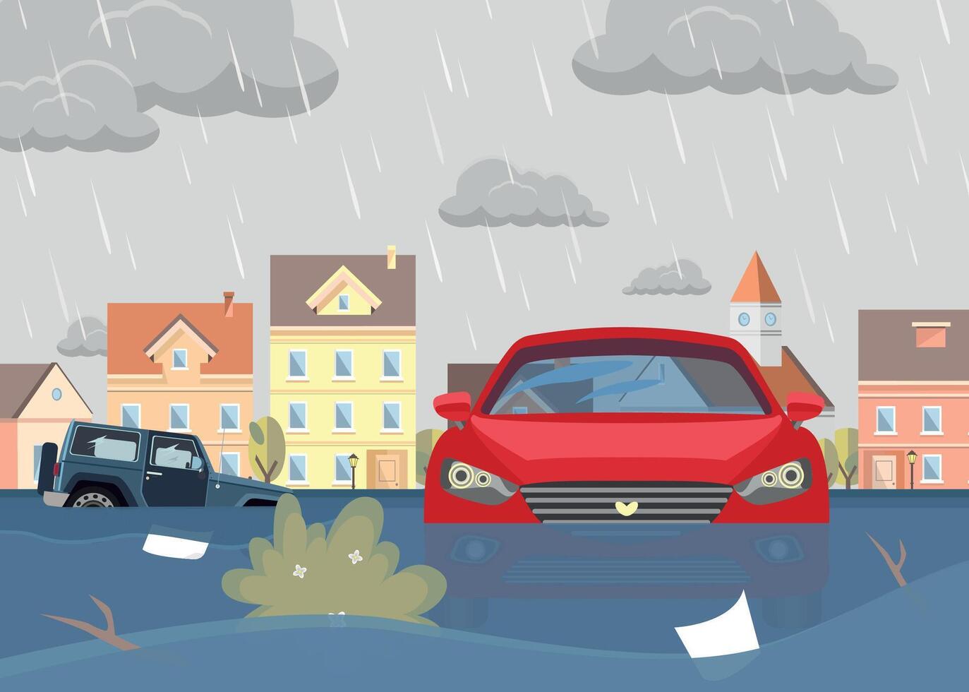 Cars on the road in water and rain. Flooding in the city. Emergency situation. vector
