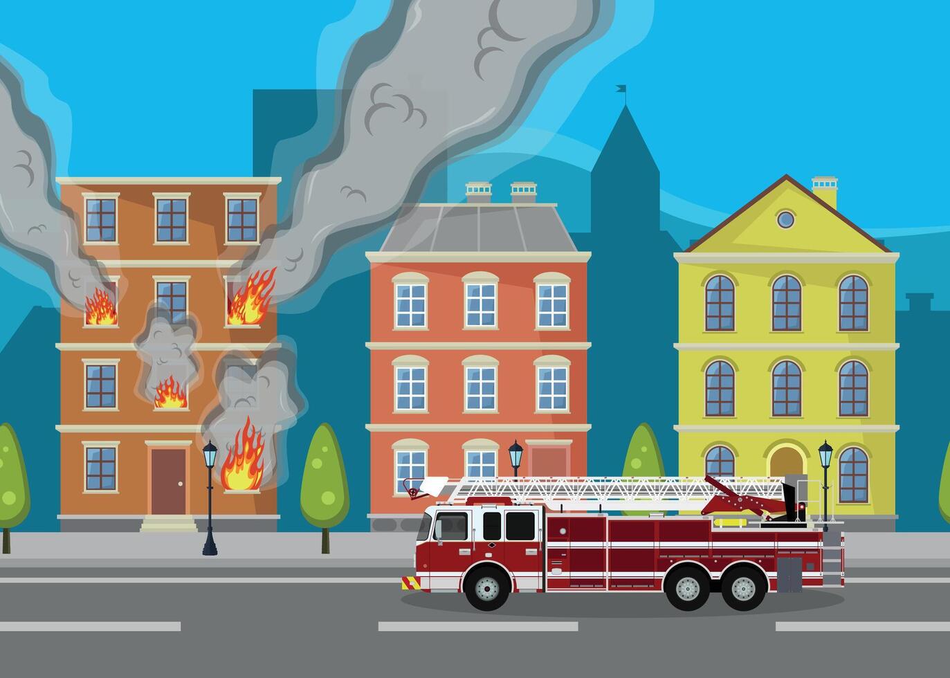 Fire in a city building. Fire truck near a burning house. Flames and smoke. Emergency situation. vector