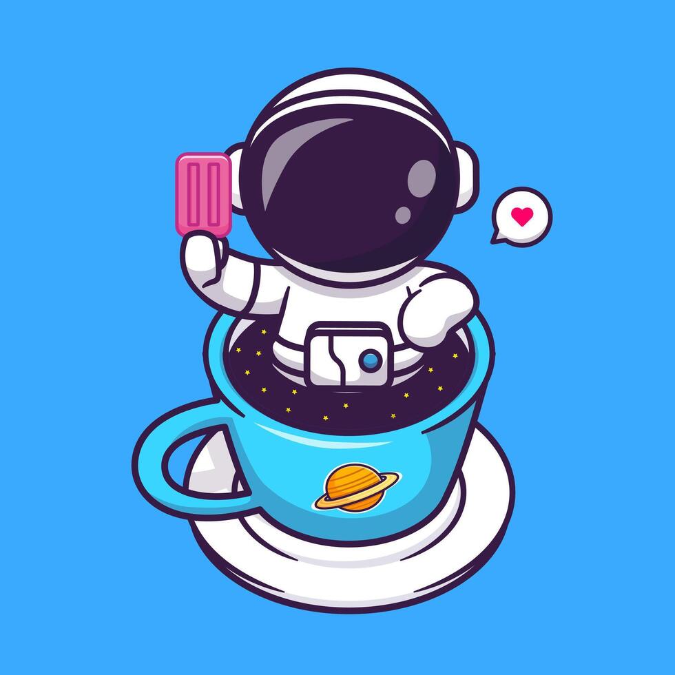 Cute Astronaut Relaxing In Coffee Space And Holding Ice Cream Cartoon vector