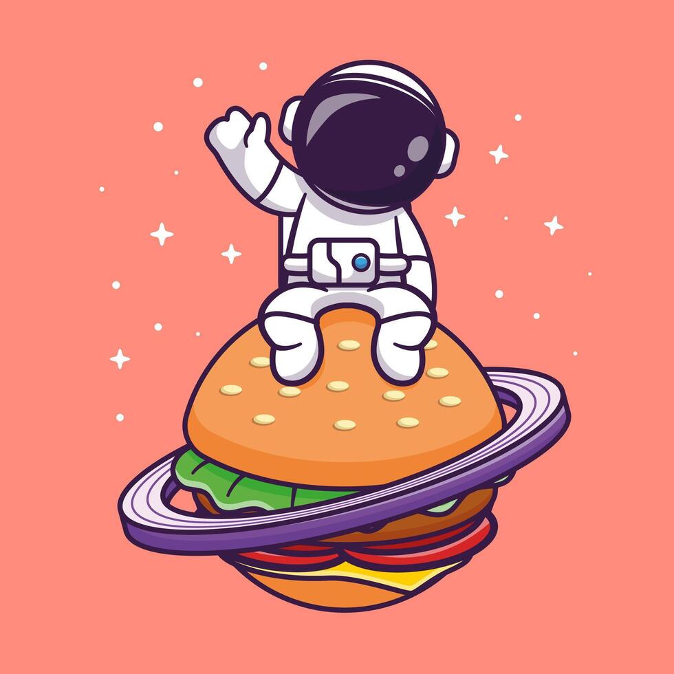 Cute Astronaut Sitting On Burger Planet In Space Cartoon vector