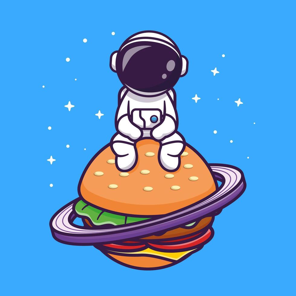 Cute Astronaut Sitting On Burger Planet In Space Cartoon vector