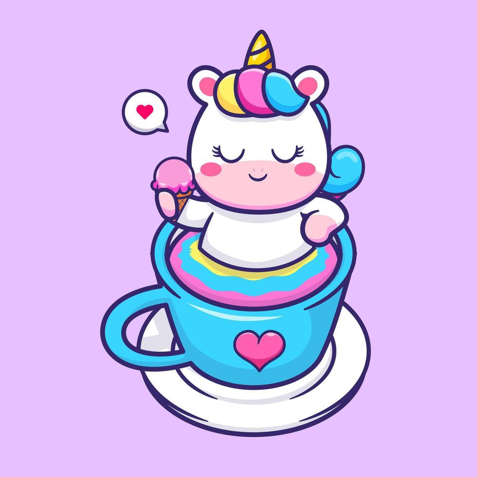 Cute Unicorn Relaxing In Coffee Rainbow And Holding Ice Cream Cartoon vector