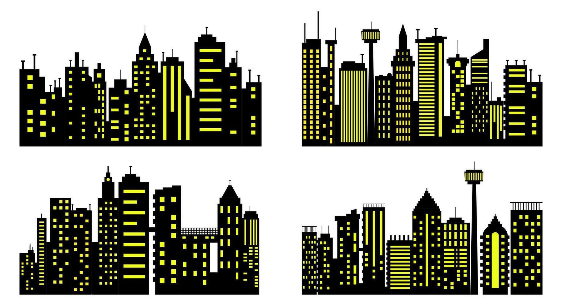 Set of Four Modern City Skyline Silhouettes with Yellow Illuminated Windows on Black Background vector