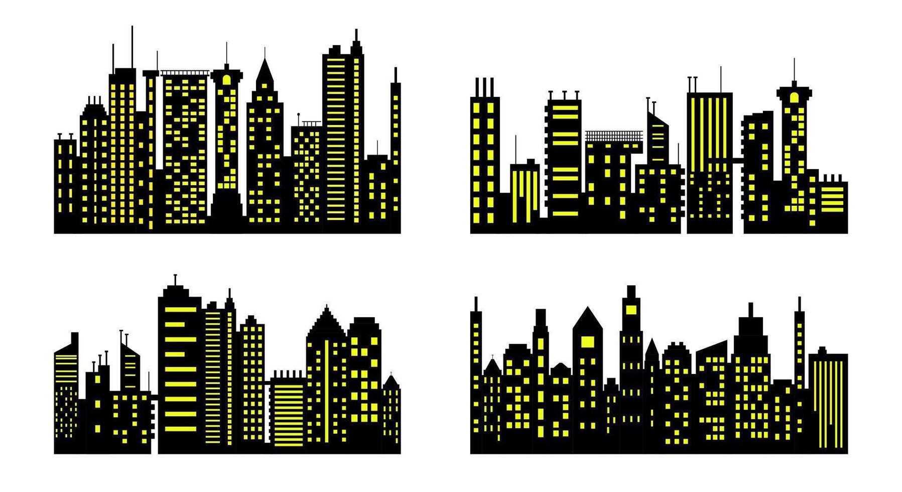 Set of Four Illuminated City Skyline Silhouettes with Yellow Lit Windows on Black and White Background vector
