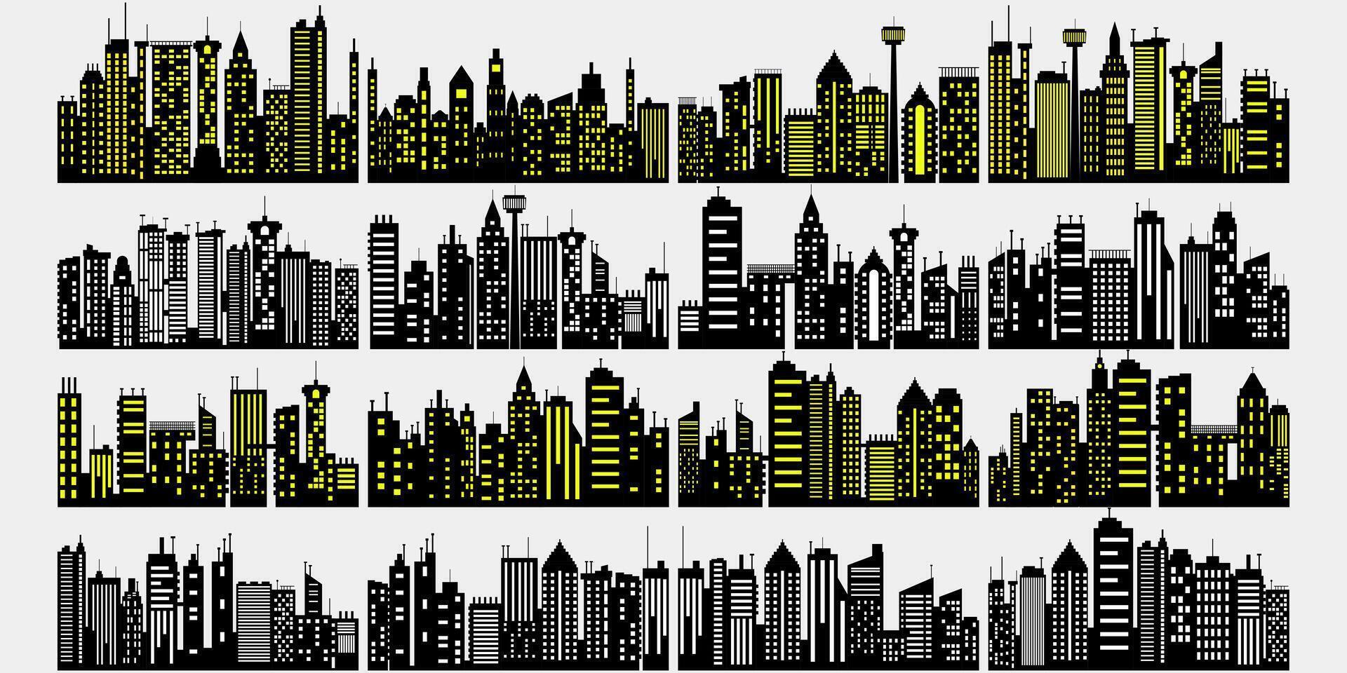 Set of different black horizontal night cityscape Pro Illustation vector
