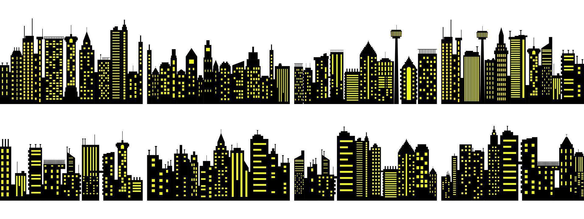 Set of Silhouetted City Skyline Rows with White and Yellow Windows vector