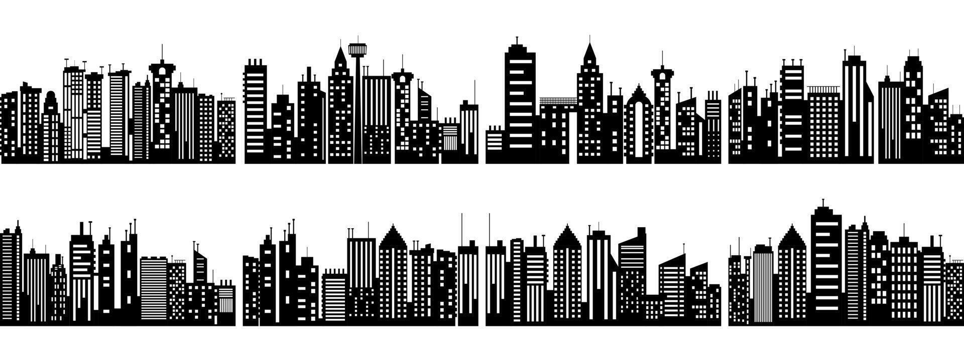 Black and White Urban Skyline Silhouettes Collection with Modern Skyscrapers vector