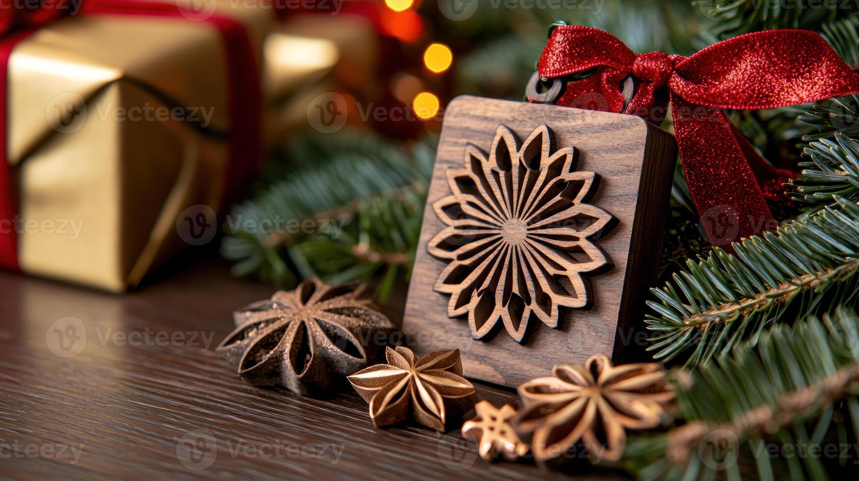Beautiful wooden Christmas decorations with gifts and festive greenery photo