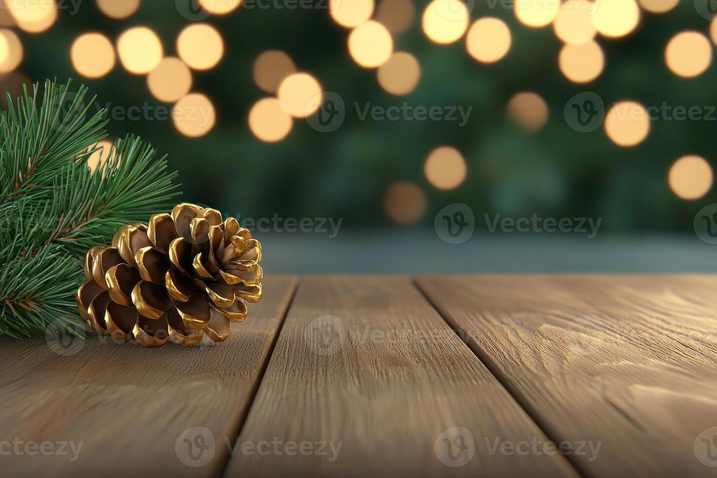 Golden pine cone and fir branches on wooden table with blurred lights photo