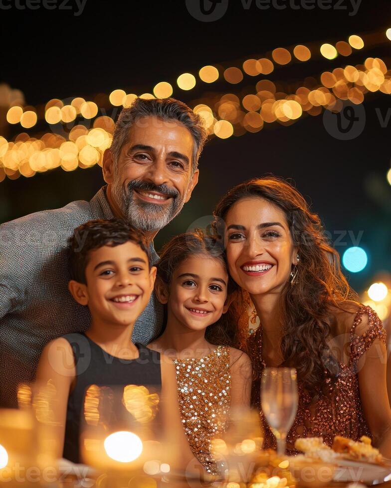 joyful family celebrating together at festive party, surrounded by lights and laughter photo