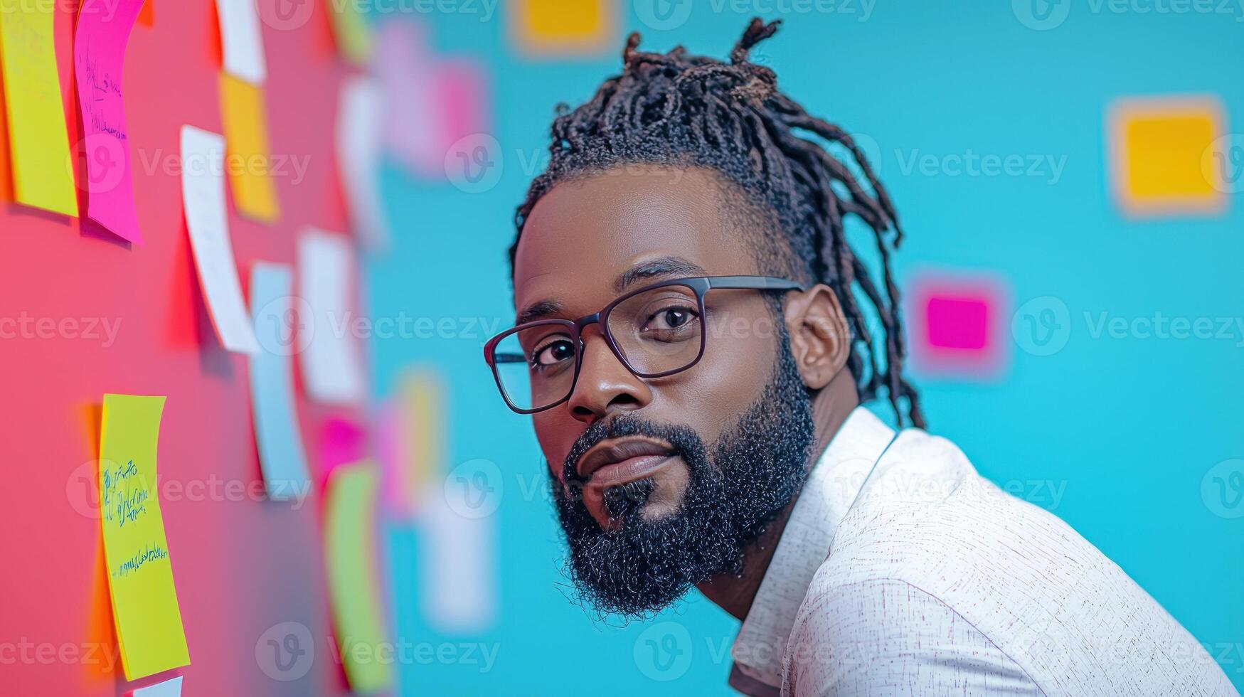 Creative brainstorming session with focused man in glasses photo