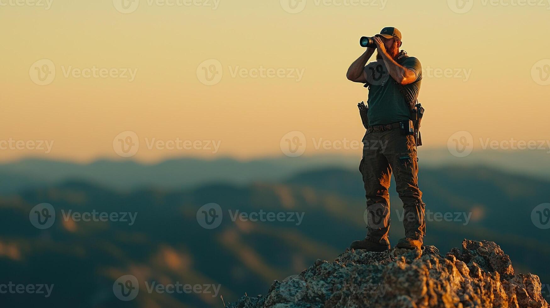 lone explorer standing on rugged mountain peak, capturing stunning view photo