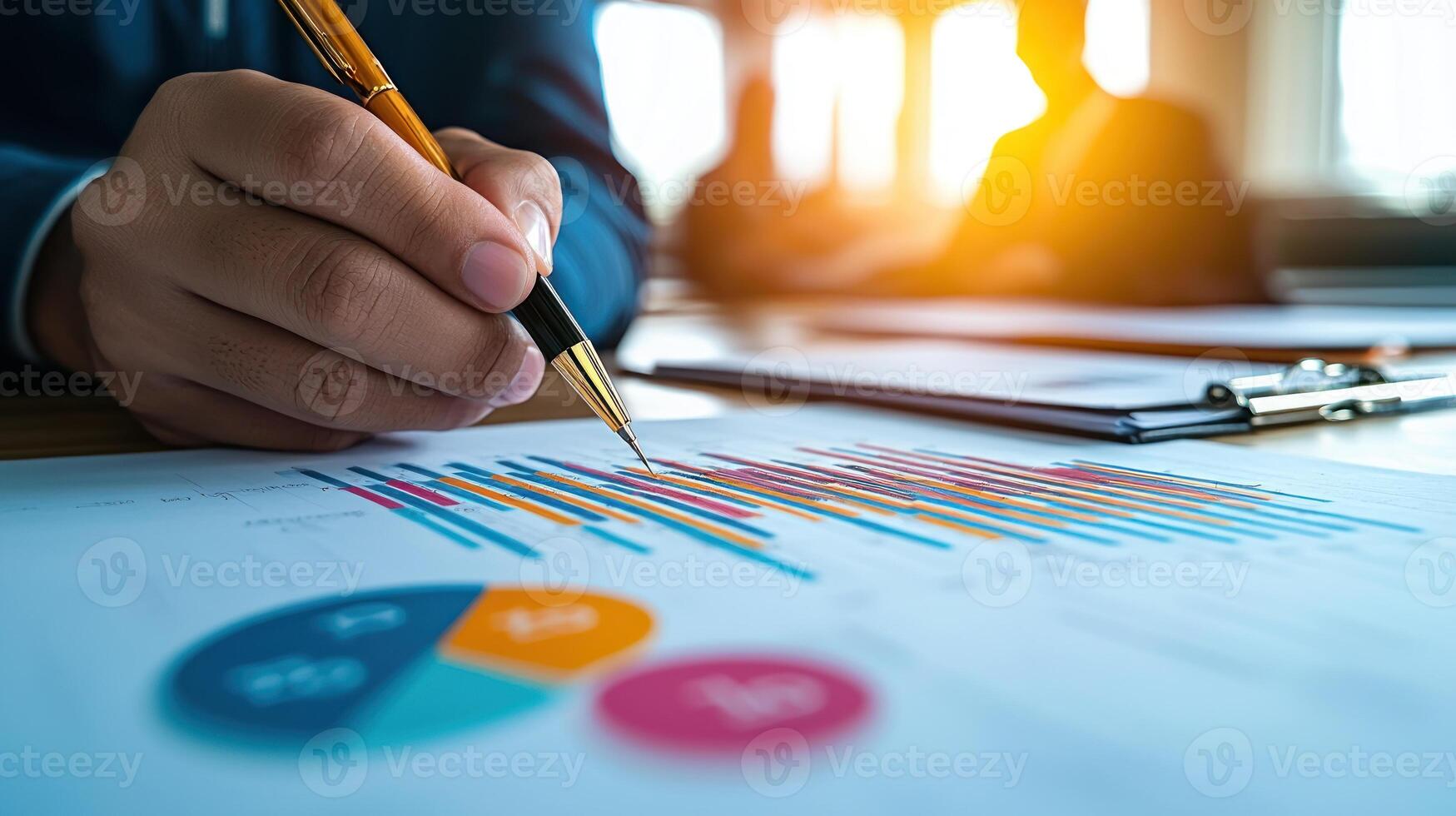 Business meeting with charts and graphs, analyzing data trends photo