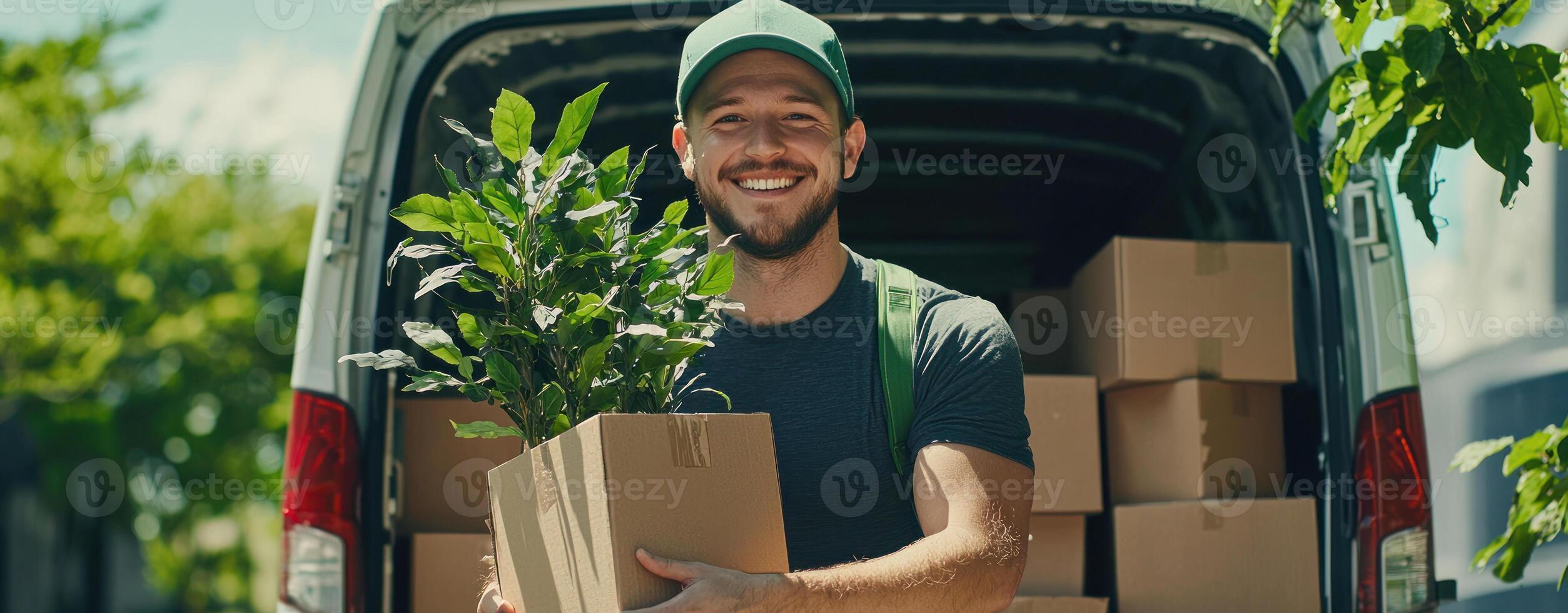 Smiling man holding plant in box while standing by van photo