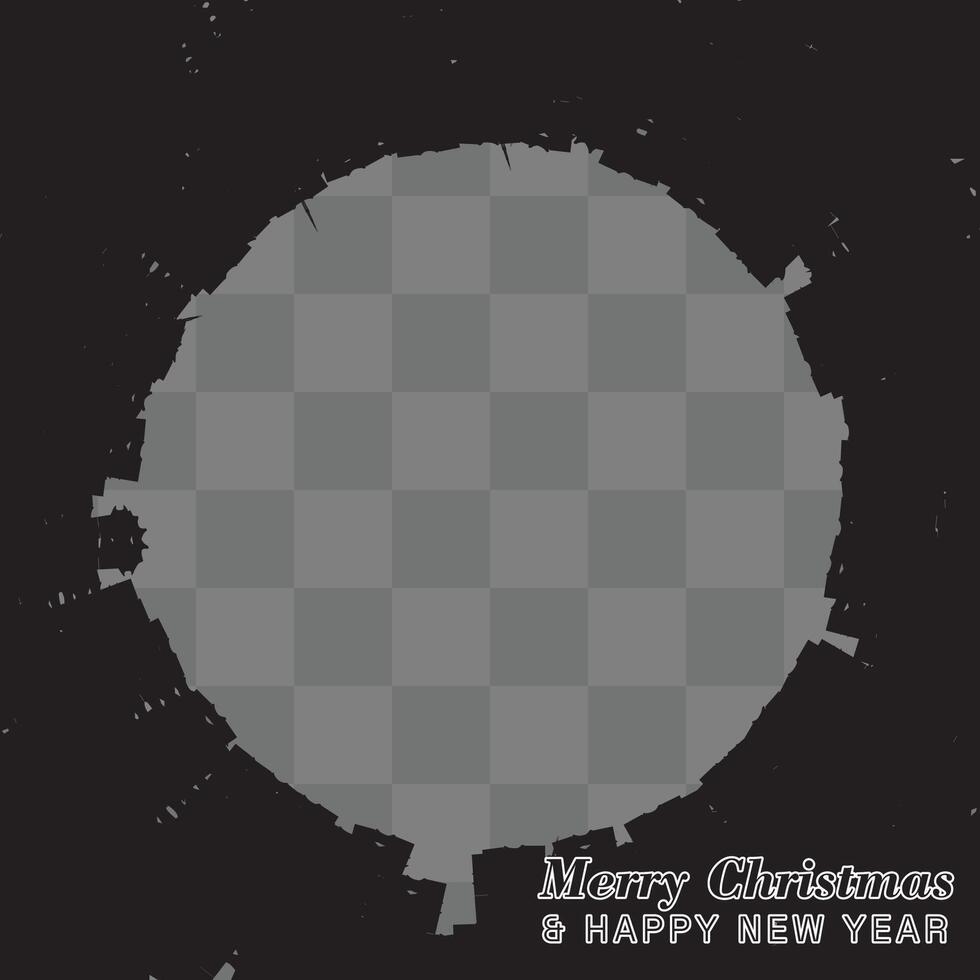 Christmas circular frame with distressed, grunge texture. Black frame with rough, textured edges. Transparent center for custom content. High-contrast design with festive appeal. For social media post vector