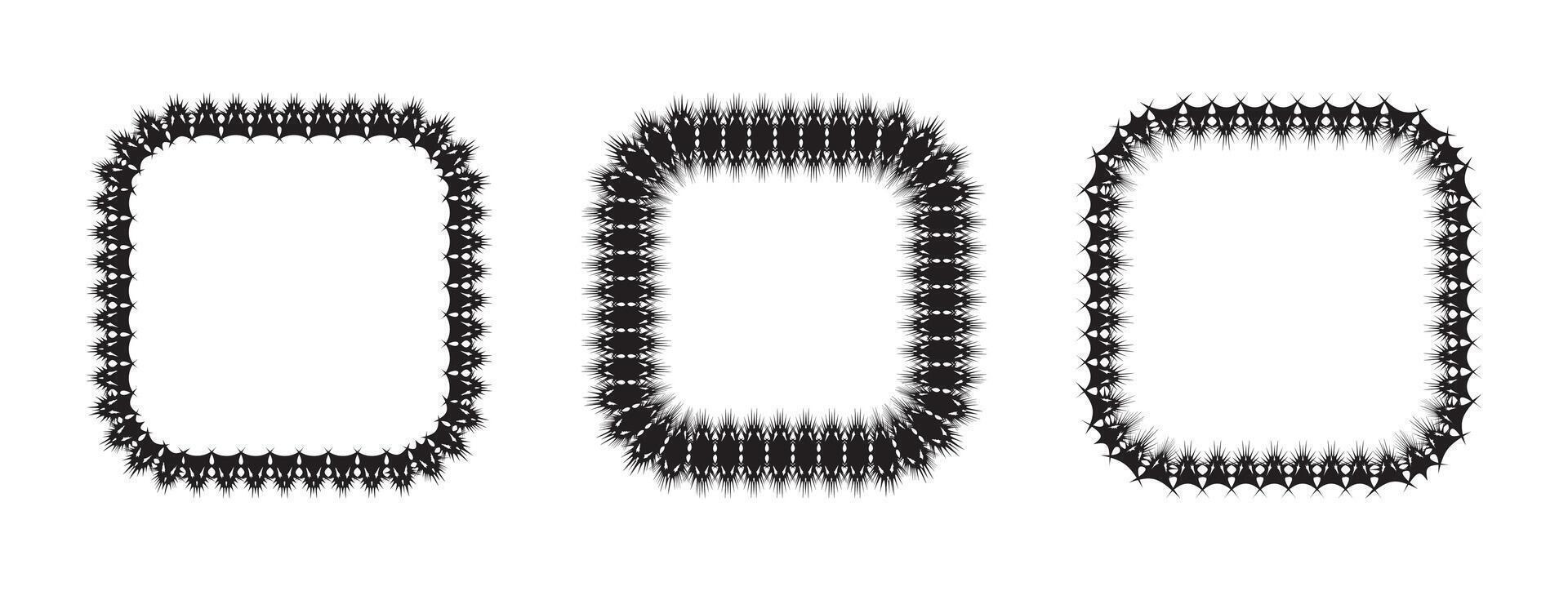 Three decorative frames in black and white. Spiky, jagged border, geometric, angular border. Bold contrast. Intricate, detailed borders enhance visual interest. Suitable for modern and classic design. vector