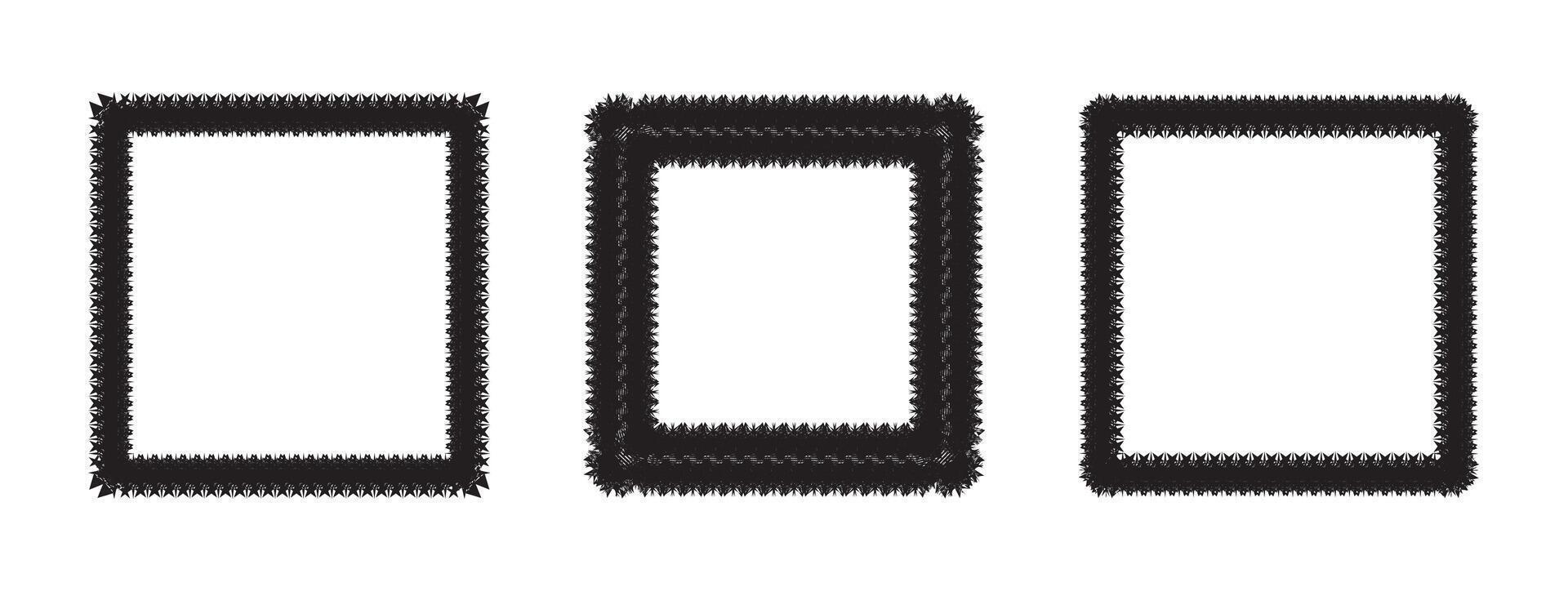 Three black frames on white background. Simple geometric bold textured border with jagged edge. Unique decorative borders for visual variety. Ideal for graphic and web design projects. vector