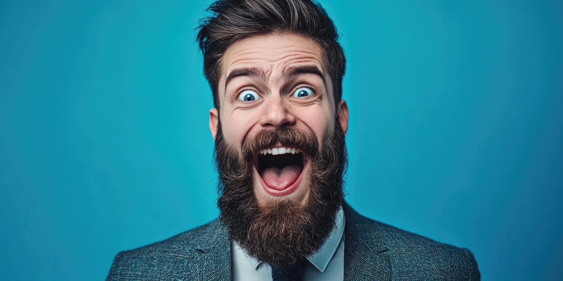 Humorous bearded man making a silly face. Male model in a suit being playful. Portrait, emotion theme. photo