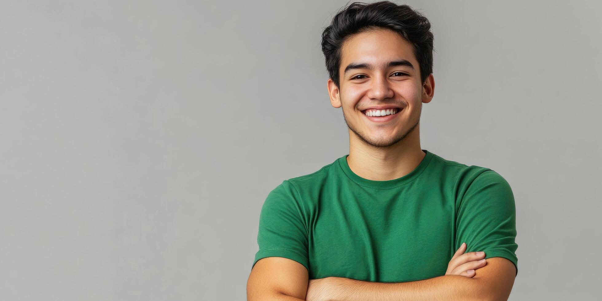 Portrait of a Hispanic Latino man with crossed arms and black hair, smiling as a handsome young adult in a green t-shirt against a gray background, looking at the camera in a studio shot. photo