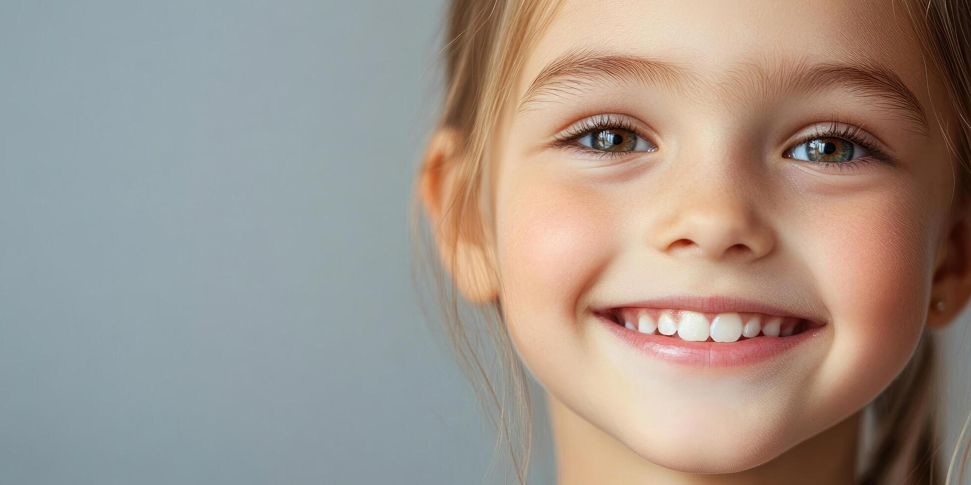 Happy girl. Close-up portrait of a cheerful child smiling, isolated against a grey background. photo