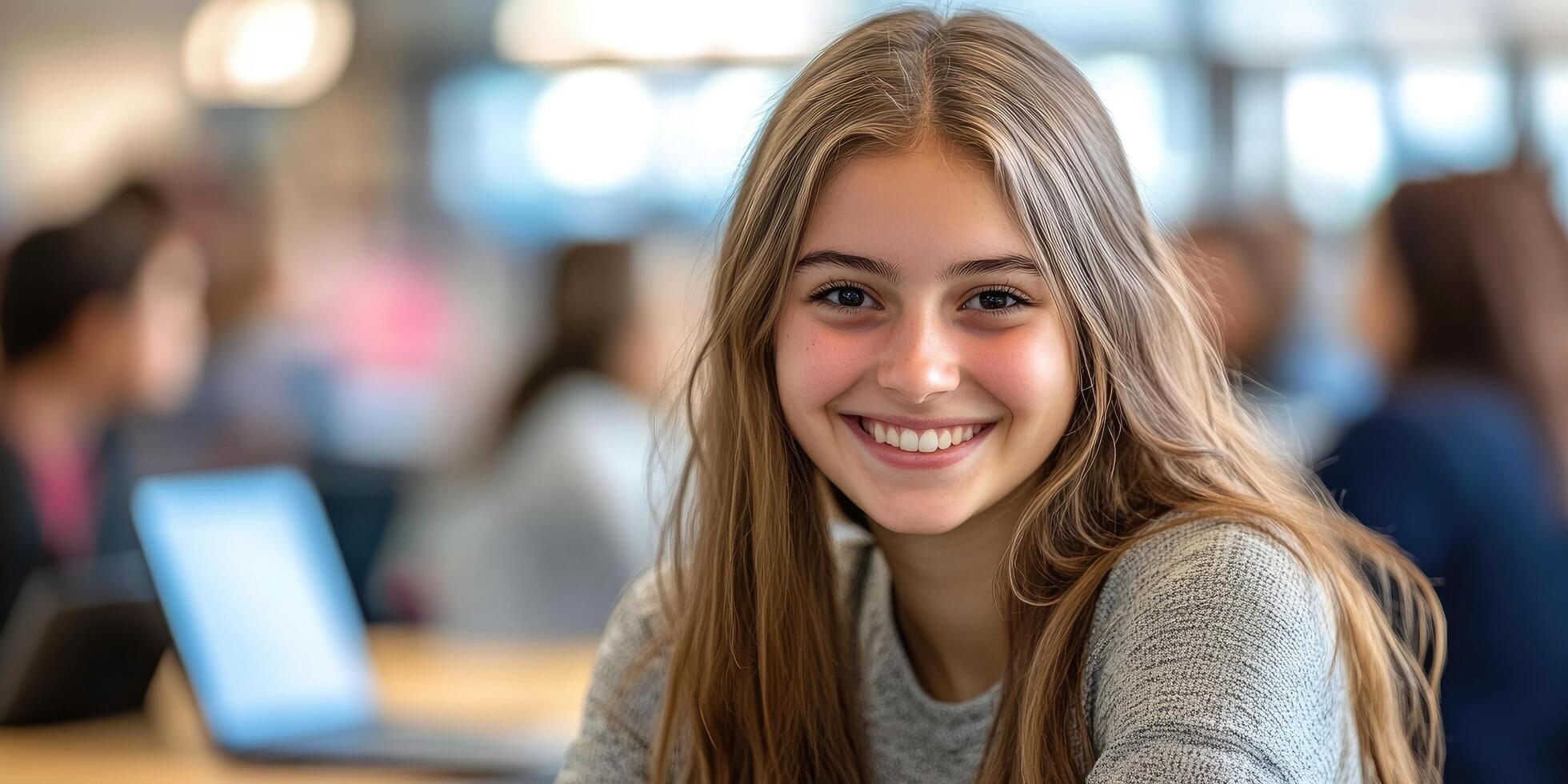 Portrait of a happy smiling girl student in a tech classroom with a laptop computer in the background. photo