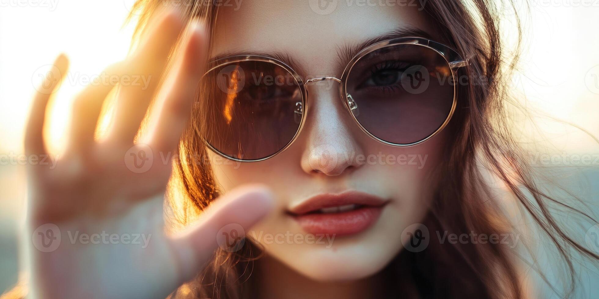 Horizontal shot with selective focus on the hand of a young woman wearing sunglasses. photo
