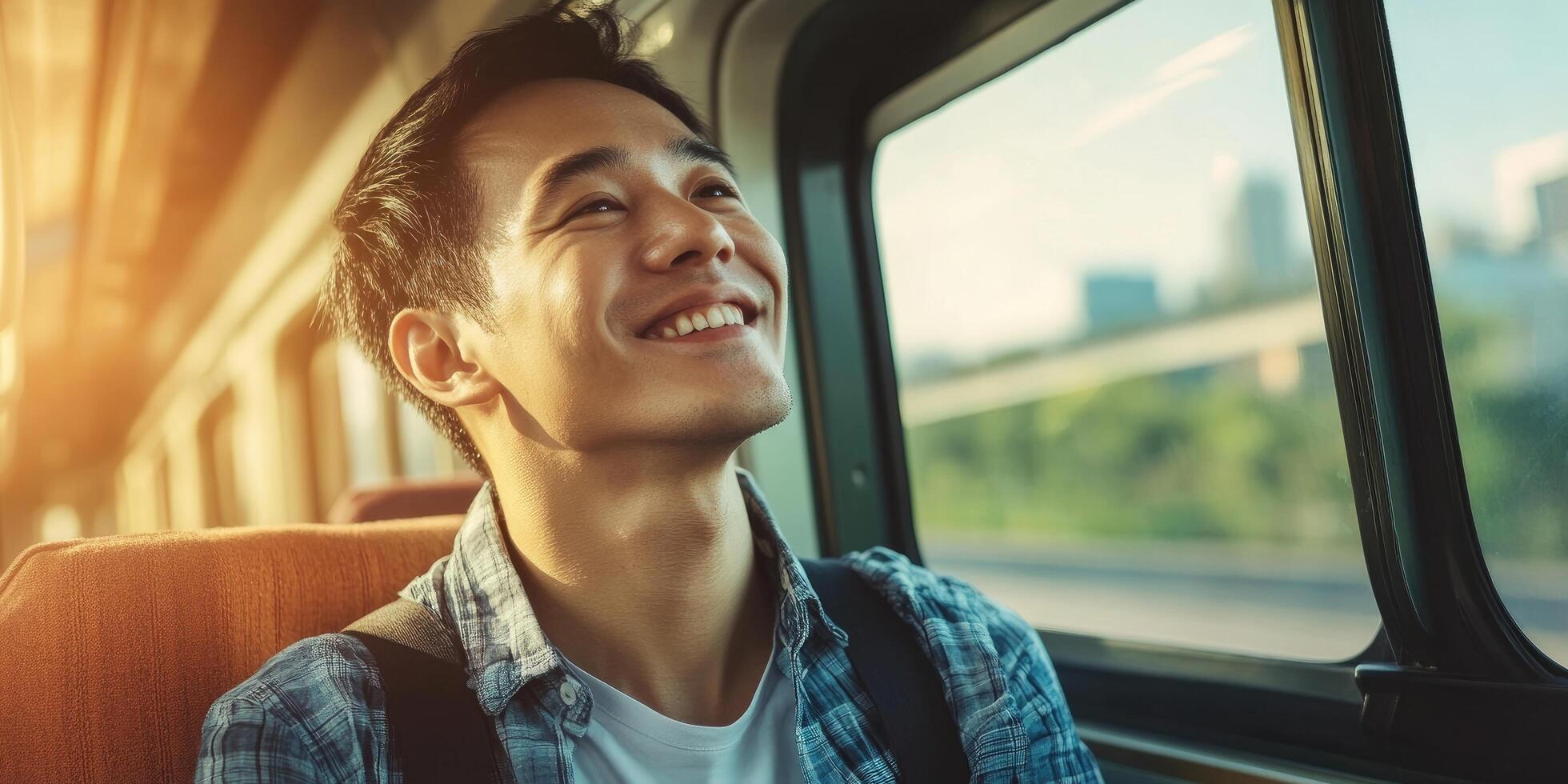 Travel concept. A happy Asian man is sitting by the window while traveling on a train. photo