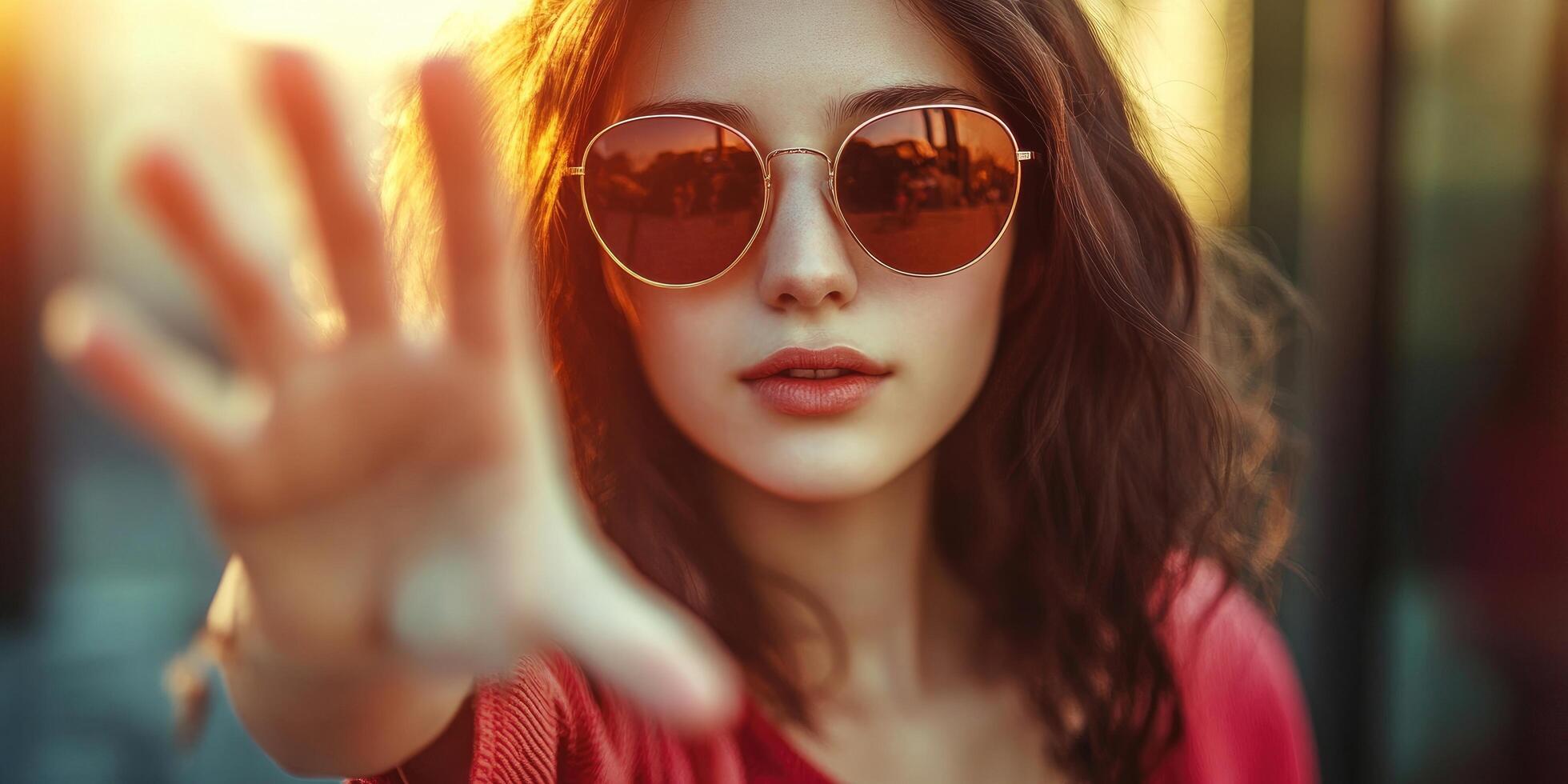 Horizontal shot with selective focus on the hand of a young woman wearing sunglasses. photo