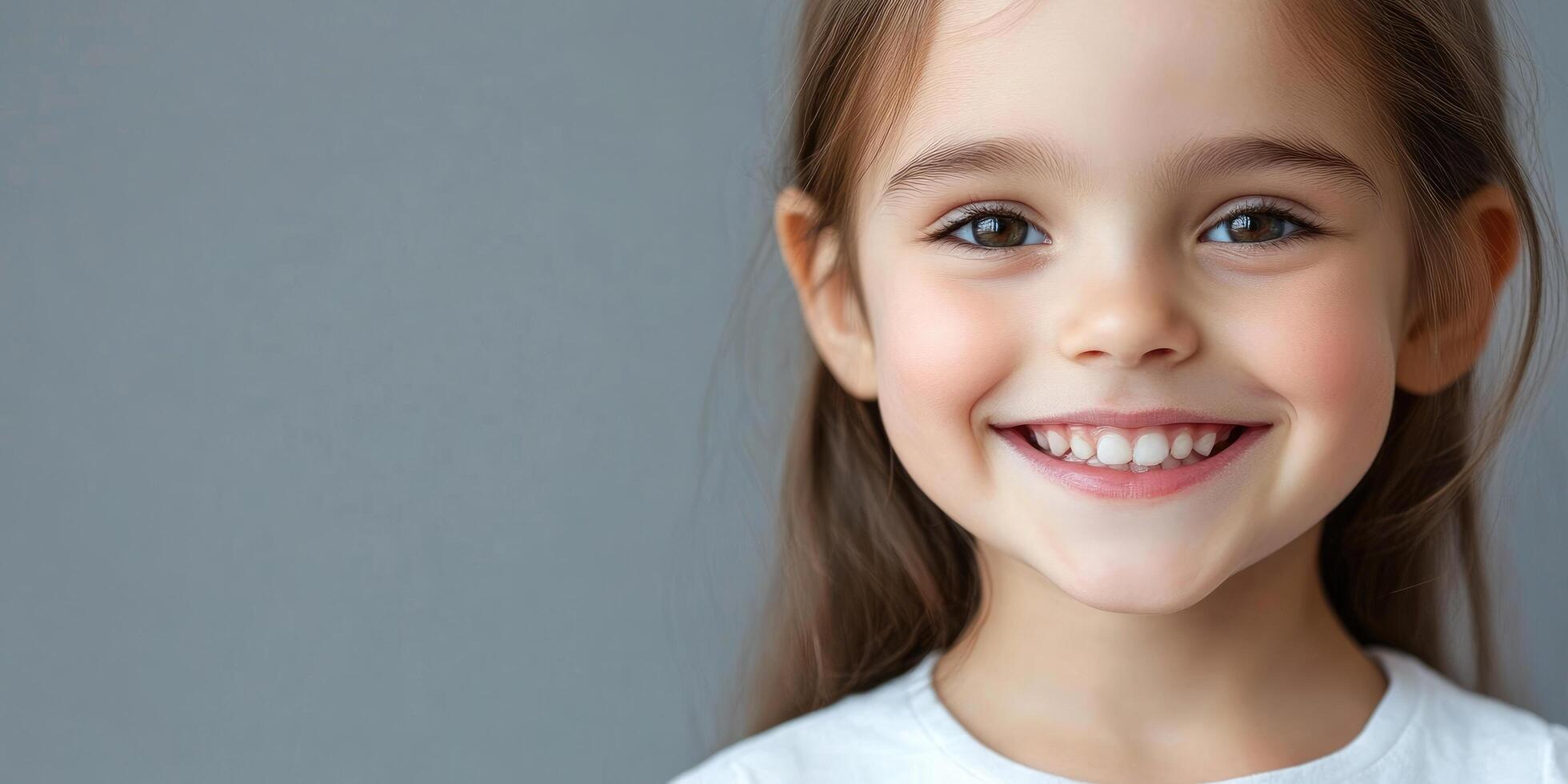 Happy girl. Close-up portrait of a cheerful child smiling, isolated against a grey background. photo