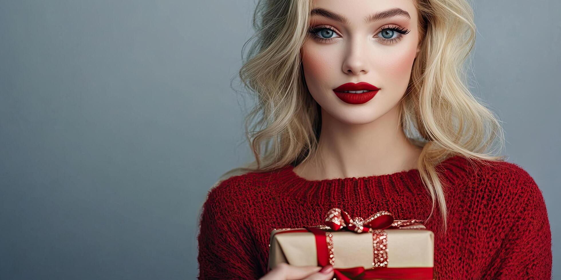 blonde wearing a red Christmas sweater and makeup, holding a gift for the new year against a gray background. copyspace for text photo