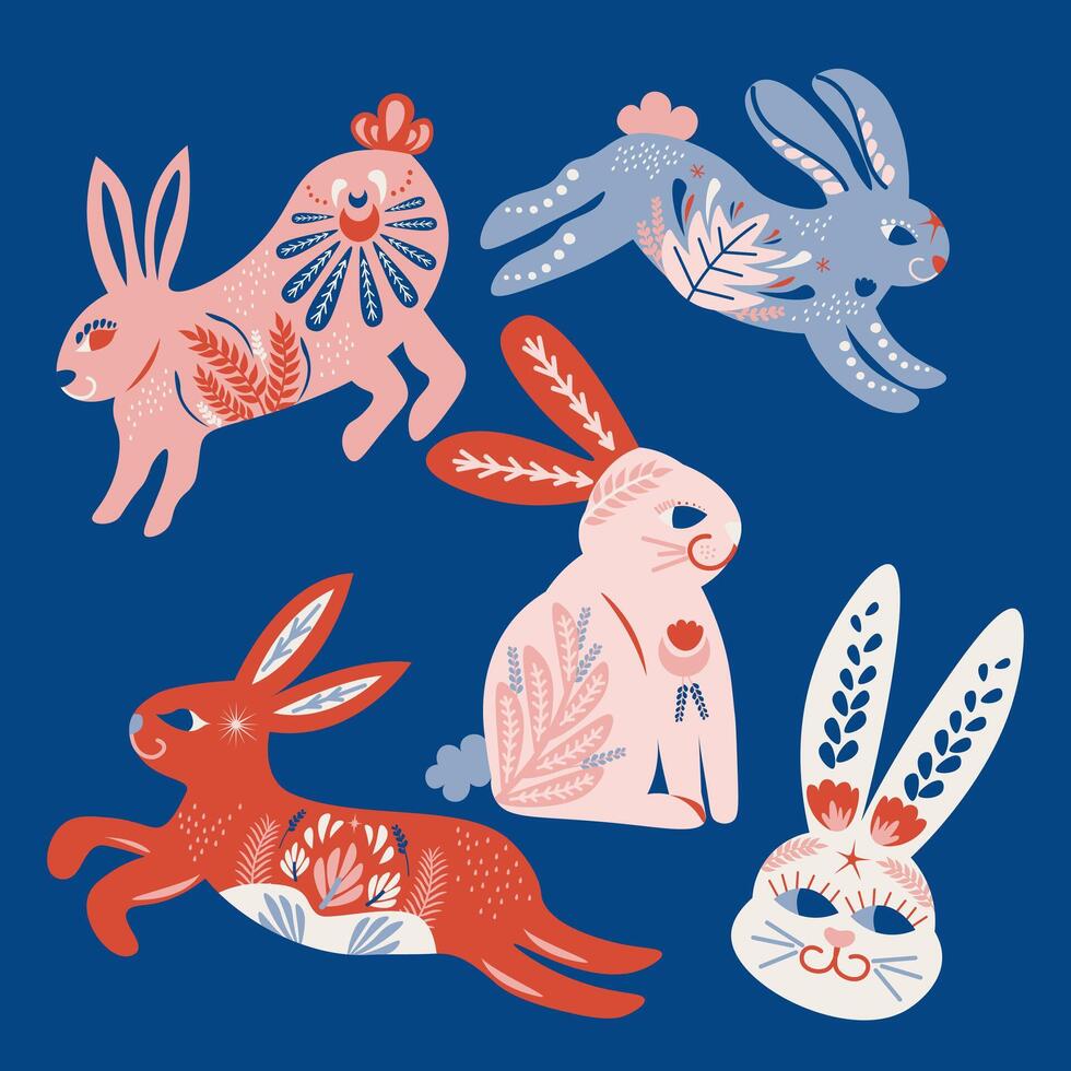 Folk Art Animal Rabbit Design Element vector