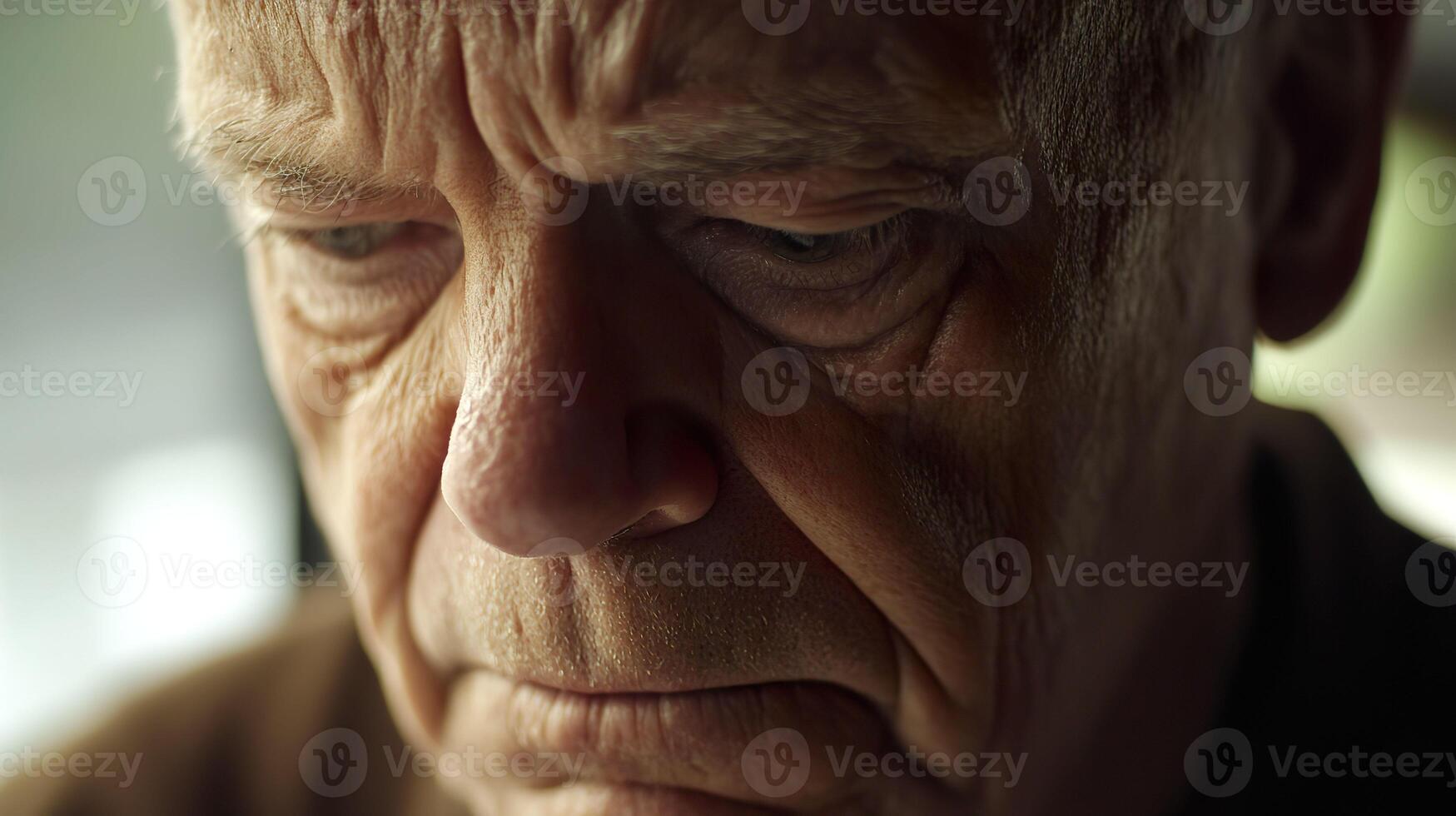 A close-up portrait of a senior man with a tear in his eye, capturing the emotional weight of fading memories due to Alzheimer's. photo