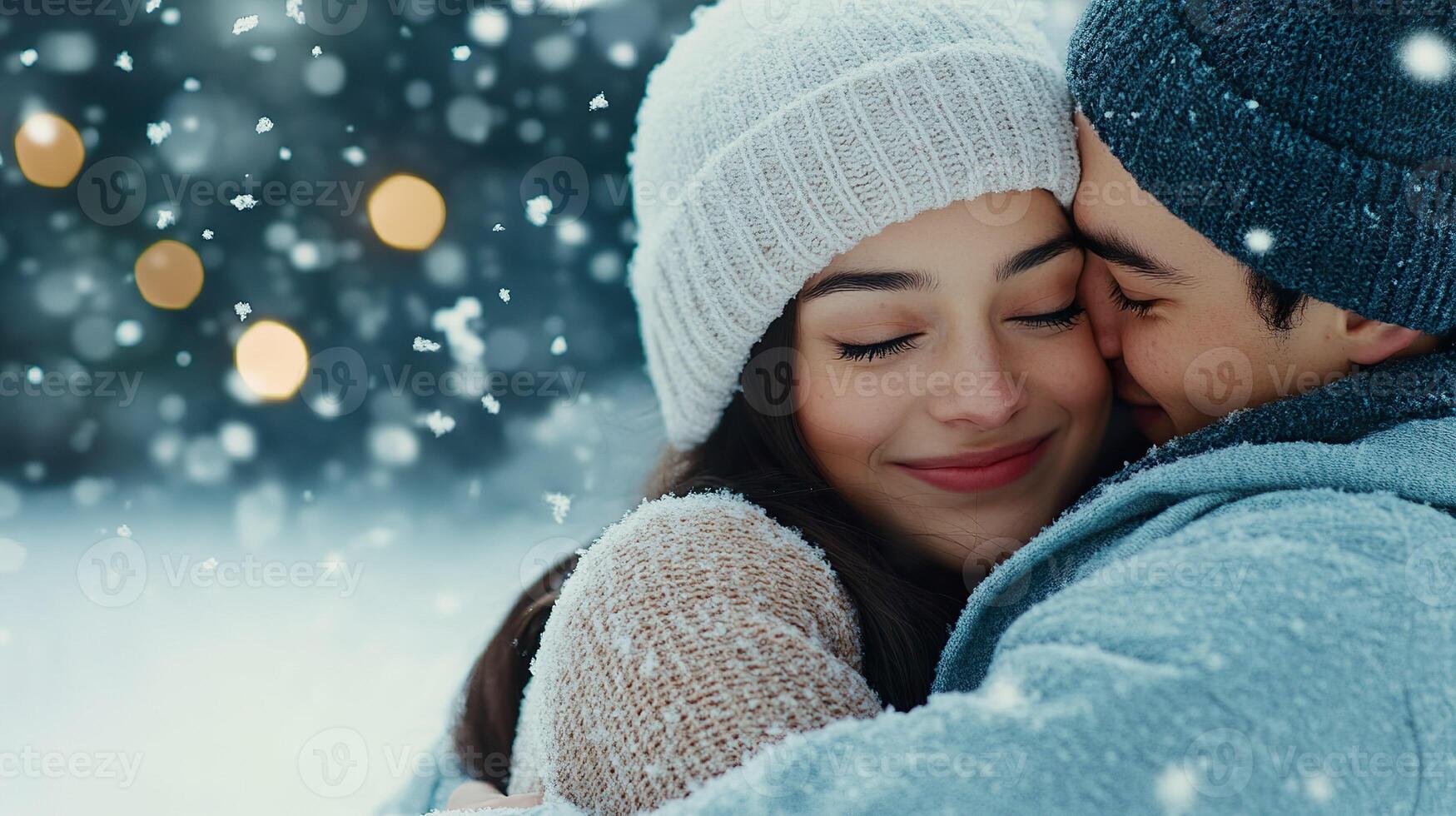 couple embraces warmly in snowy winter wonderland, surrounded by softly falling snowflakes and glowing lights, creating romantic and cozy atmosphere photo