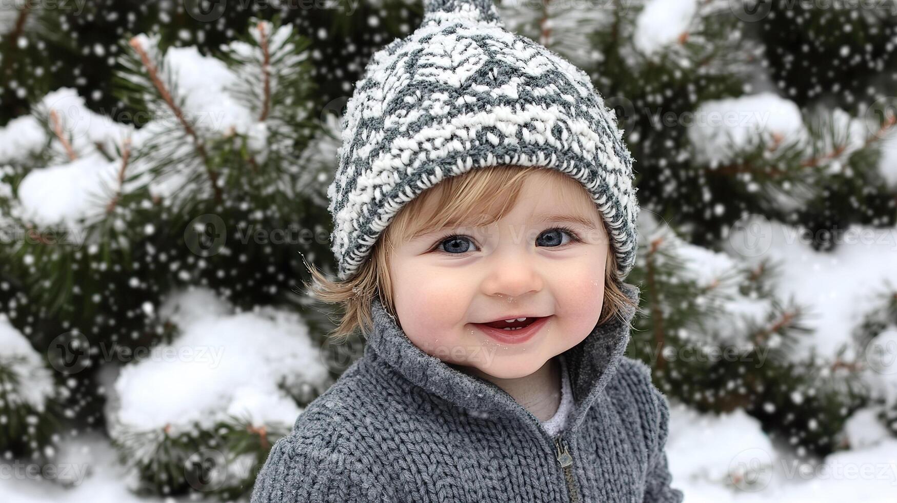 joyful child in cozy knit hat and sweater enjoys snowy winter day, surrounded by snow covered pine trees photo