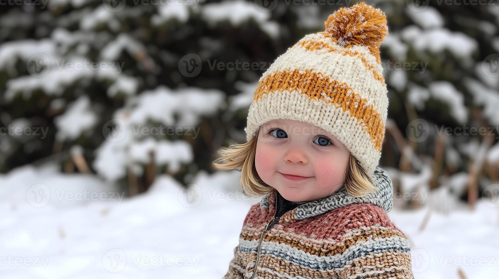 young child with warm smile stands in snowy landscape, wearing cozy knit hat and sweater. background features snow covered trees, creating serene winter scene photo