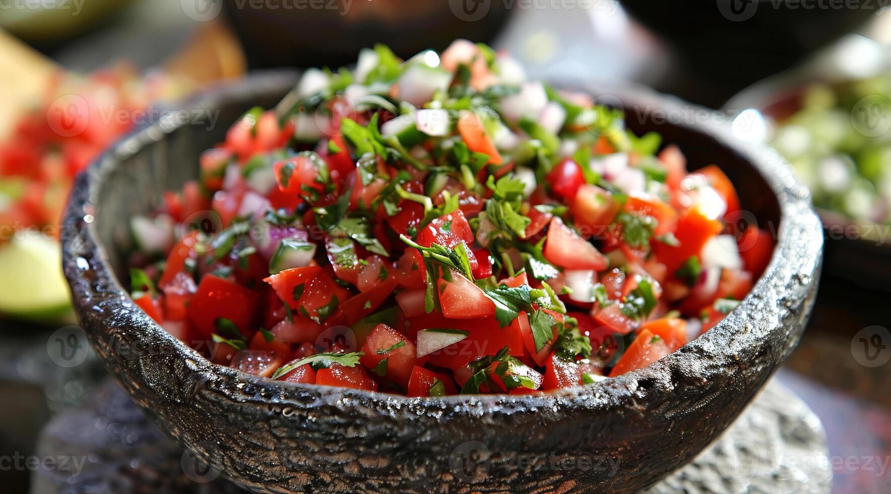 Pico de Gallo sauce salsa fresca served in molcajete. Healthy mexican diet and traditional cuisine photo