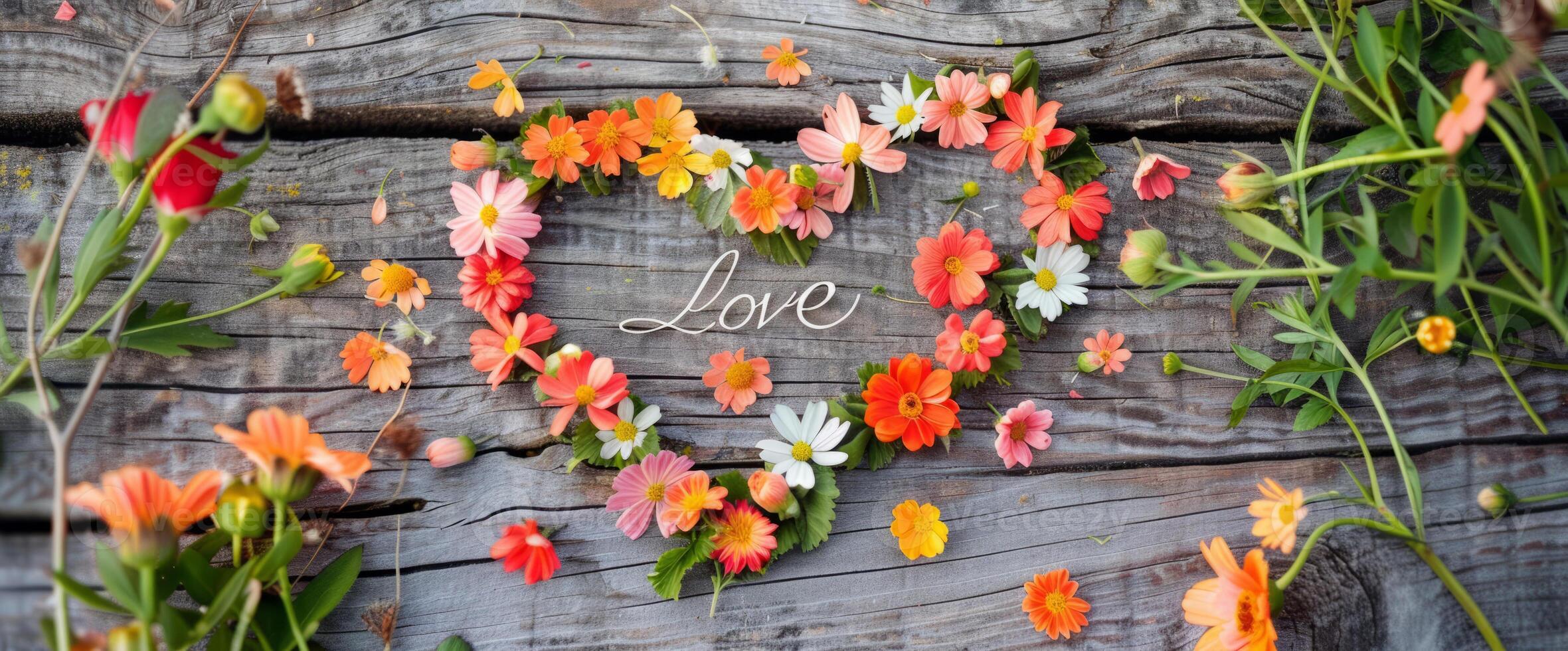 Flower collage that spells word Love with letters composed from different flowers photo