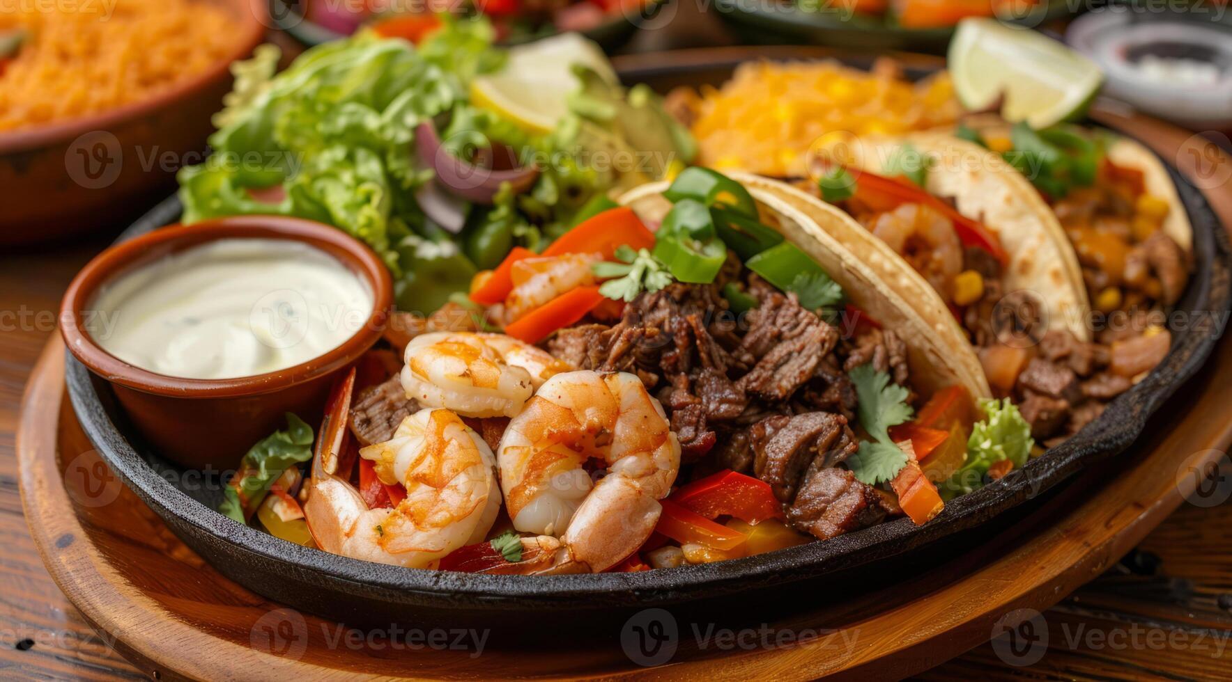 Mexican cuisine, combo food of beef, chicken fajitas and shrimp photo