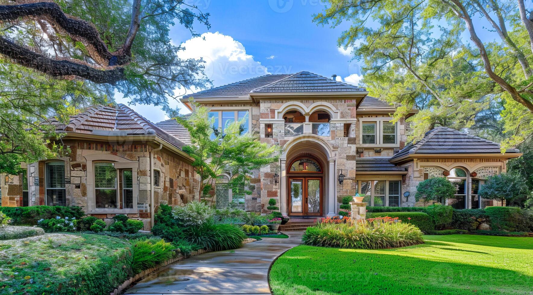 Modern luxury private property house in a prestigious neighborhood with green lawn. Rich lifestyle photo