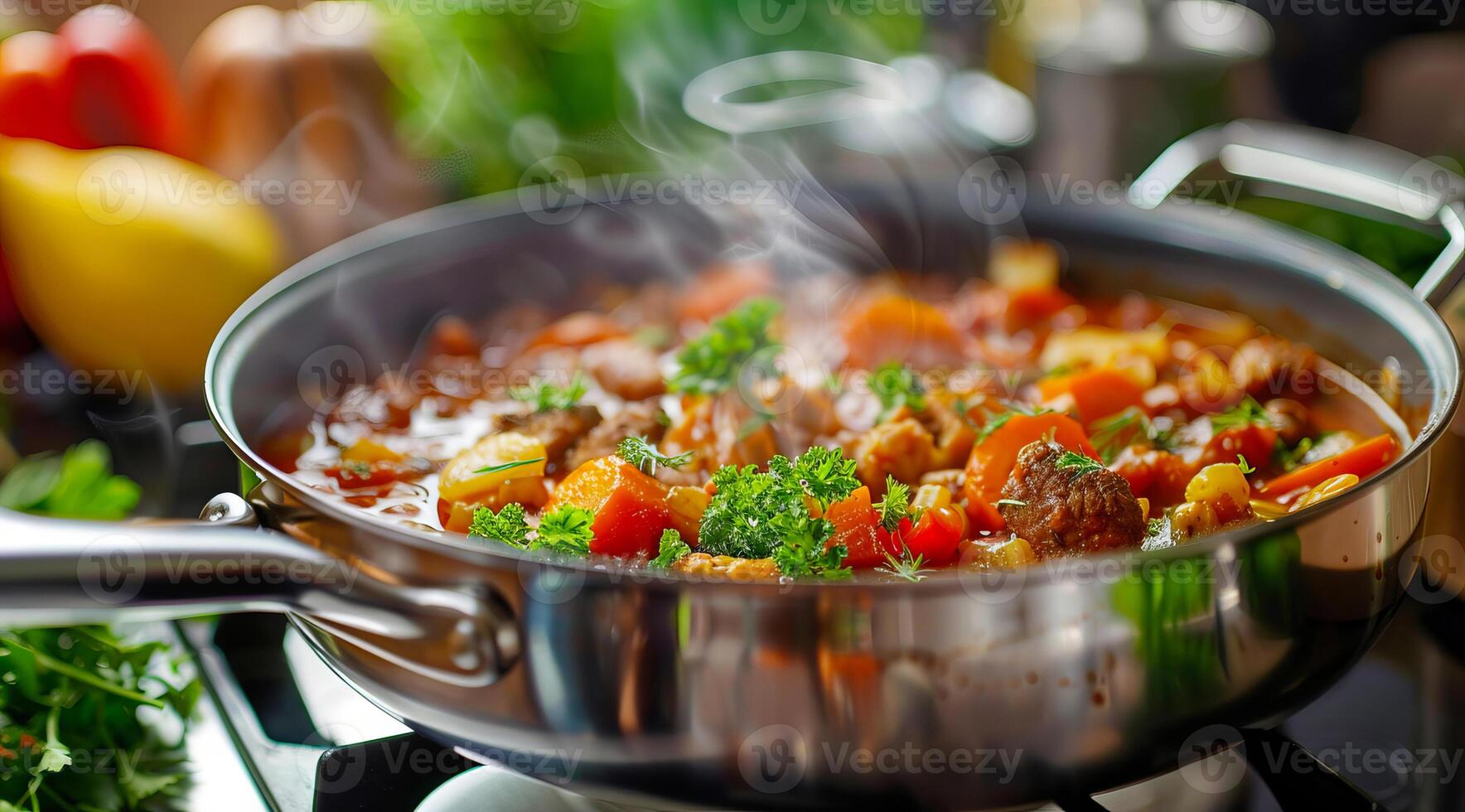 Tasty beef stew with steam on a frying pan ready to be served for family dinner photo