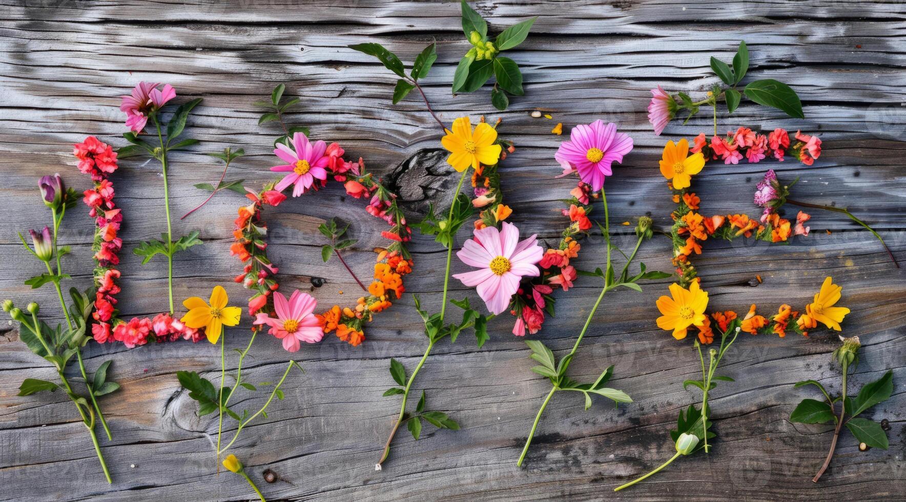 Flower collage that spells word Love with letters composed from different flowers photo