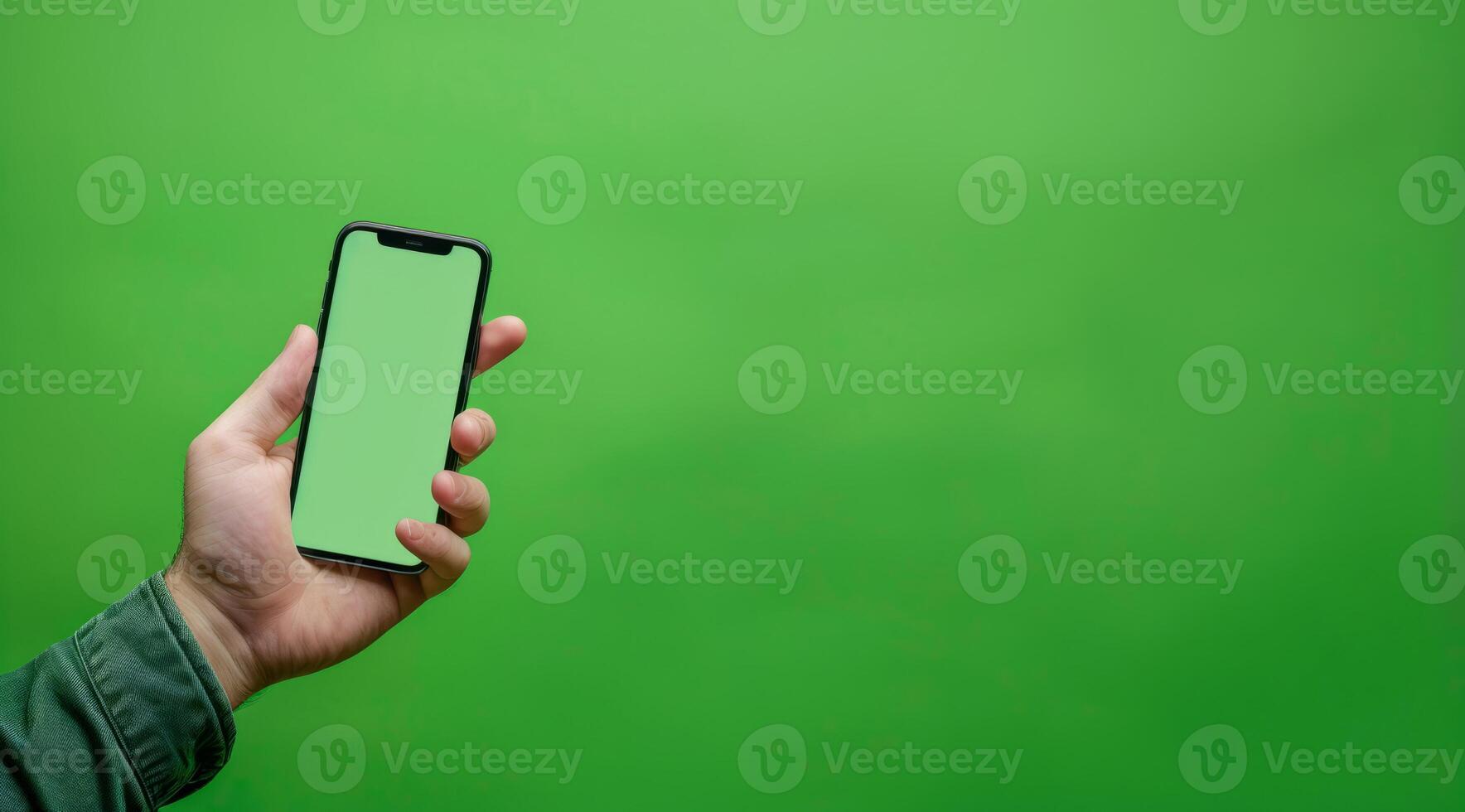 Advertising mockup with green color. A man holding cellphone with empty screen, lots of copy space photo