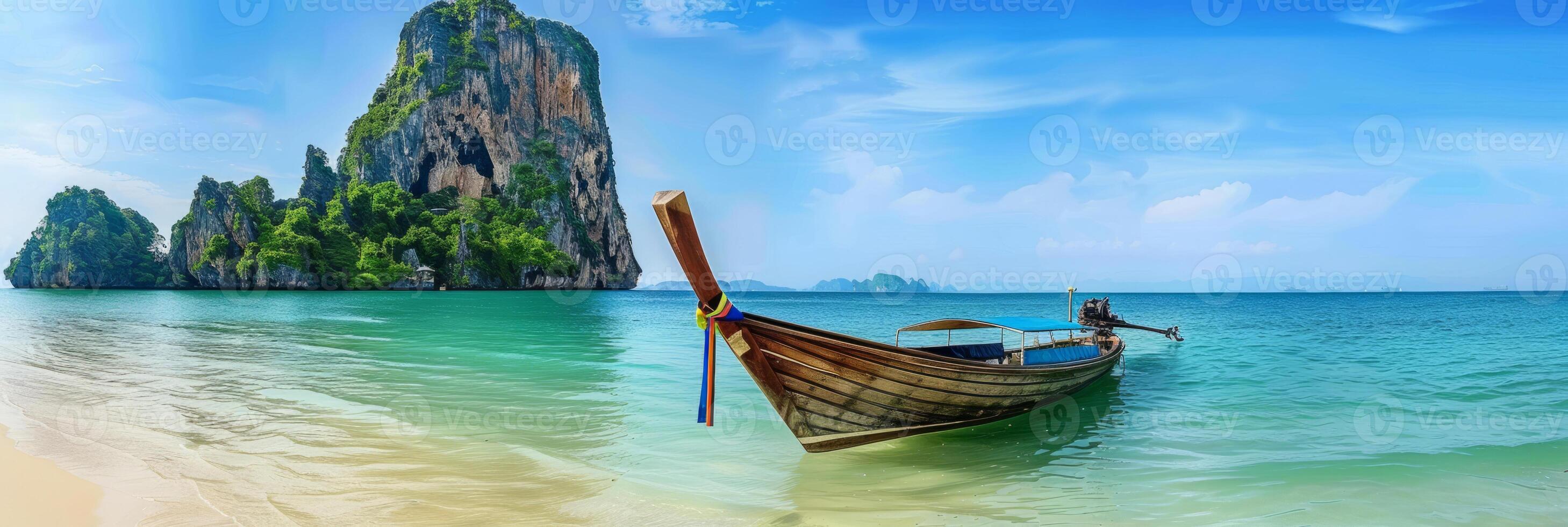 Long tail boat, asian vacation onf Thailand Islands. Tropical beach with limestone rocks. photo